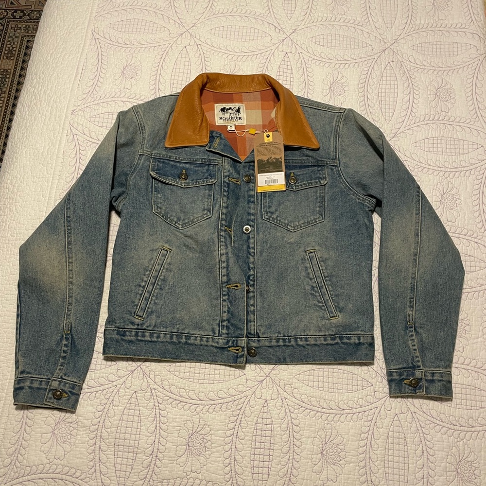 Schaefer Blue Denim Jacket with Tan leather collar medium